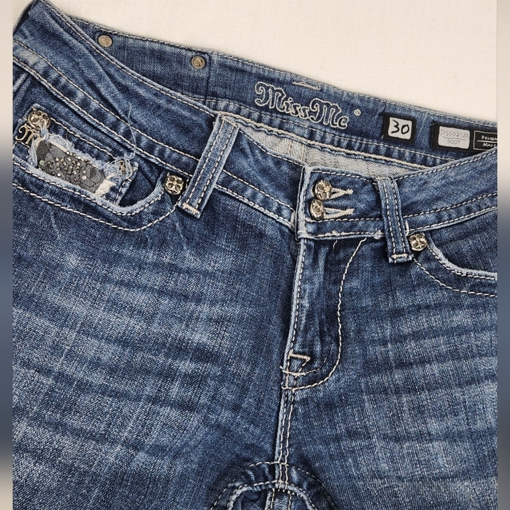 Miss Me Medium Wash Boot Cut Denim Jeans Black lace And Jewel Embellishments - Picture 3 of 13
